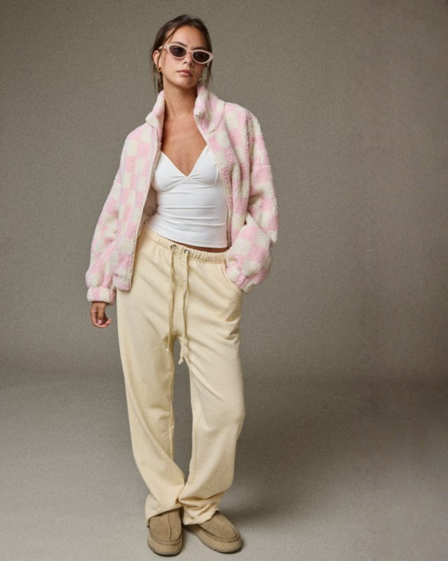 Oversized Checkerboard Sherpa Jacket – Cozy Zip Up Fleece