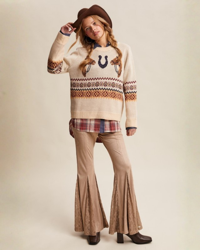 Western Horseshoe Sweater – Retro Cowboy Knit in Ecru