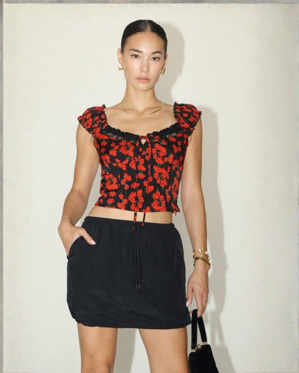 Romantic Red Floral Tie-Front Crop Top