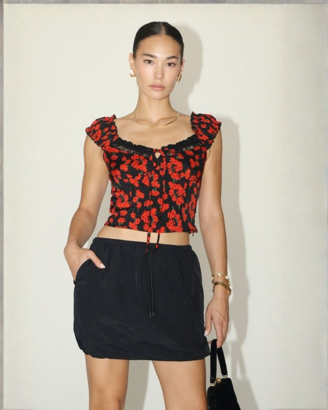 Romantic Red Floral Tie-Front Crop Top