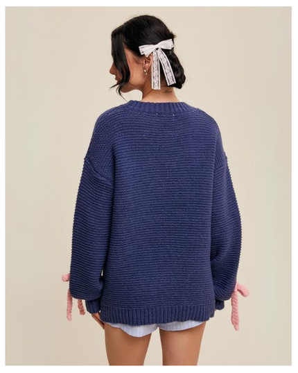 Women's Chunky Knit Sweater with Rope Bows