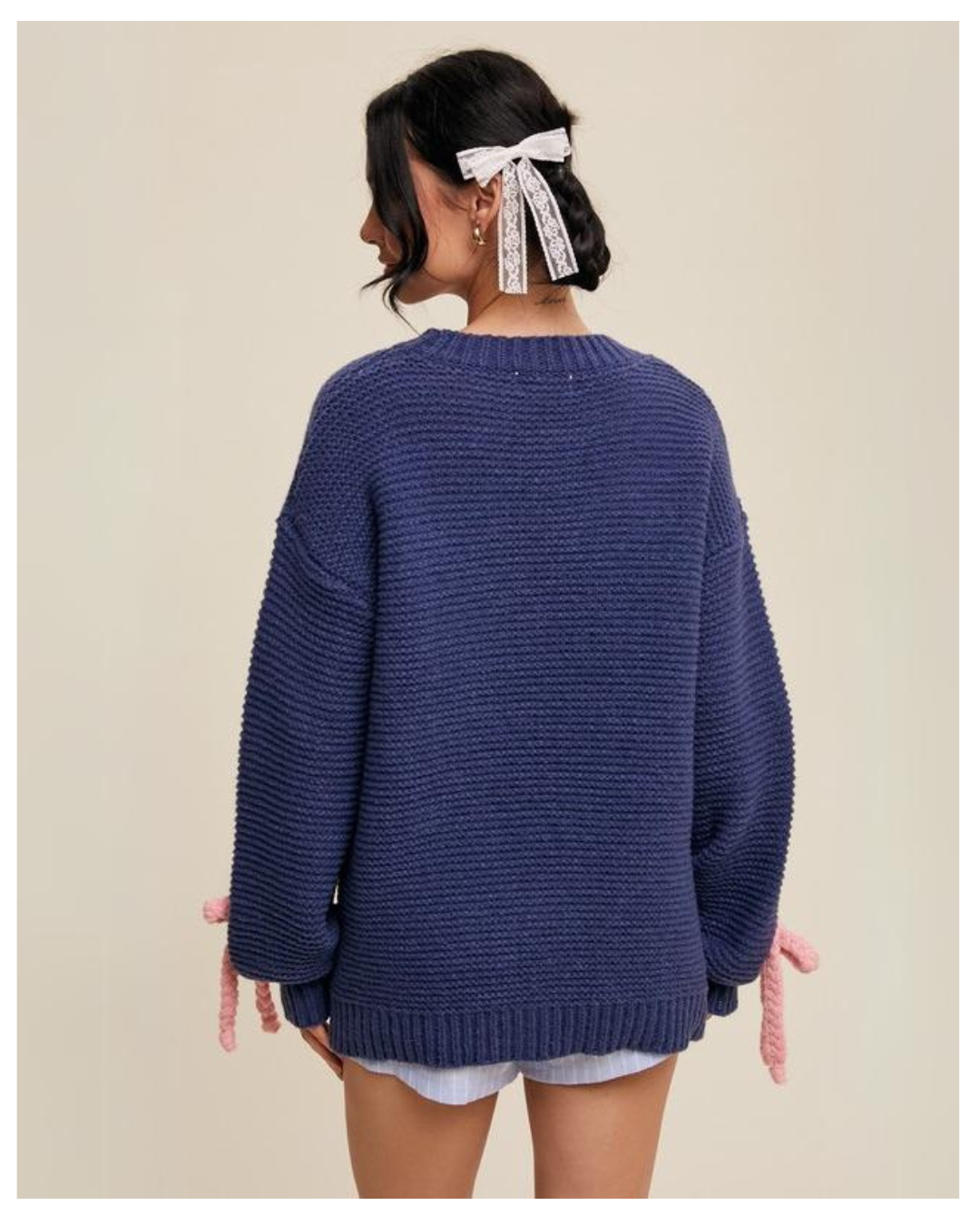 Women's Chunky Knit Sweater with Rope Bows