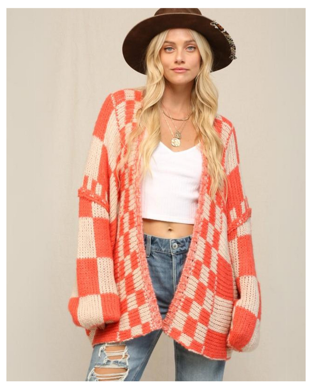 Cozy Oversized Checkered Knit Cardigan for Women