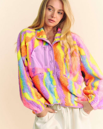 Fuzzy Multi Color Textured Zipper Pocket Jacket