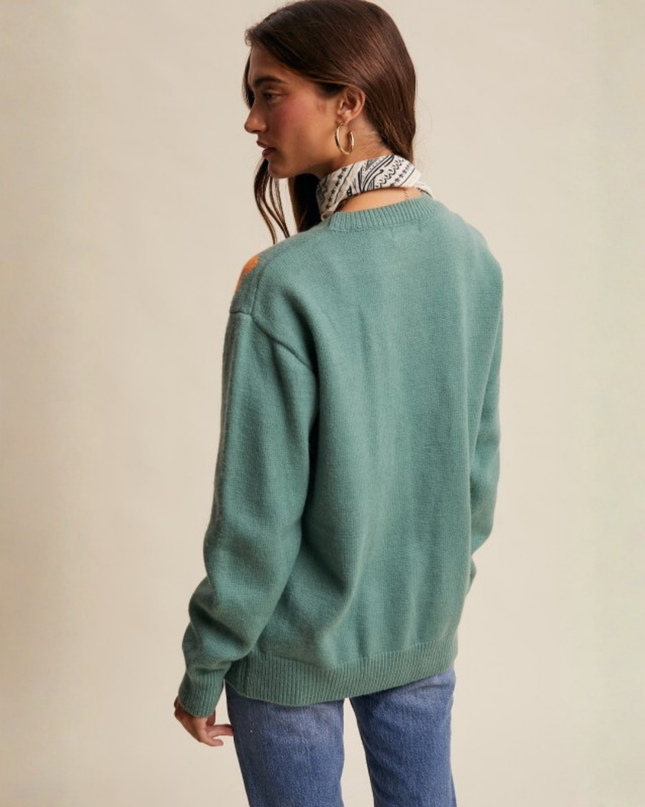 Floral Cable Knit Sweater – Sage Green Retro Cozy Pullover