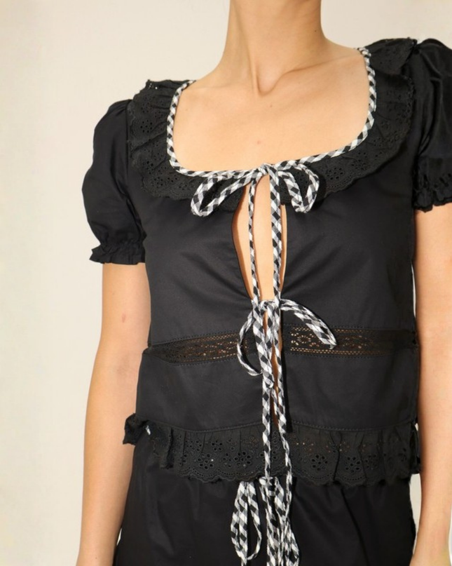 Boho Tie-Front Blouse – Embroidered Black Crop Top