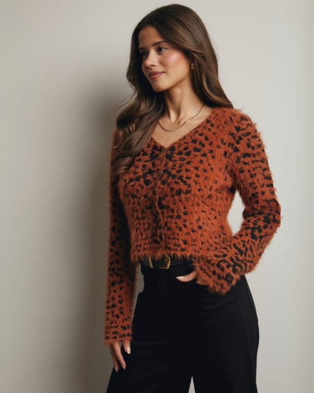Leopard Print Fuzzy Cropped Cardigan – Button-Up Knit Sweater