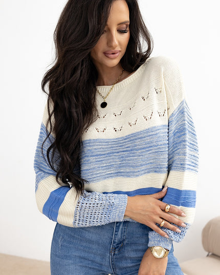 Light Blue Open Stitch Puff Sleeve Sweater – Elegant and Breezy