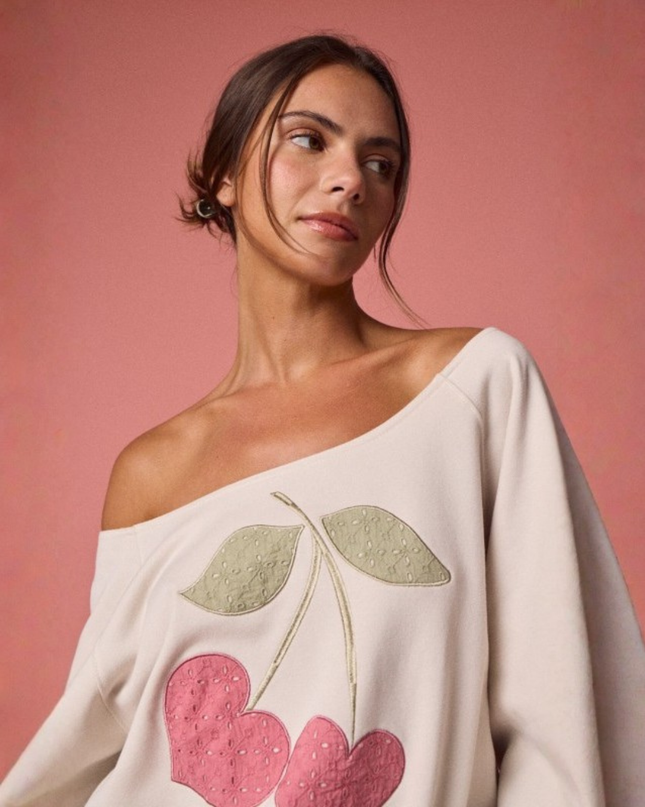 Cute Off-Shoulder Cherry Embroidered Pullover – Cozy Girl Style