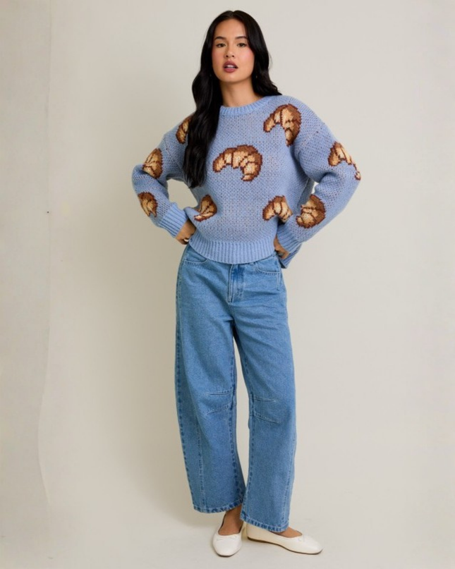 Croissant Retro Graphic Knit Crewneck Sweater