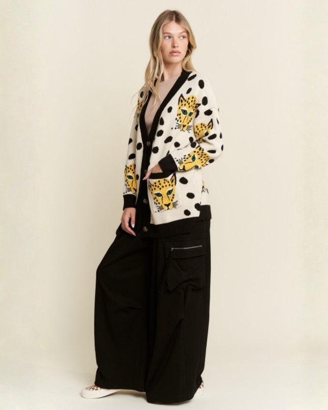 Leopard & Cheetah Graphic Knit Cardigan – Oversized Artsy Statement Sweater