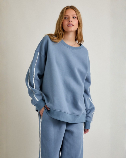 Dusty Blue Lace Trim Sweatshirt – Effortless Cool Meets Soft Street Style