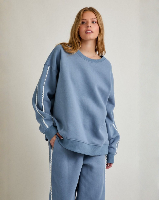 Dusty Blue Lace Trim Sweatshirt – Effortless Cool Meets Soft Street Style