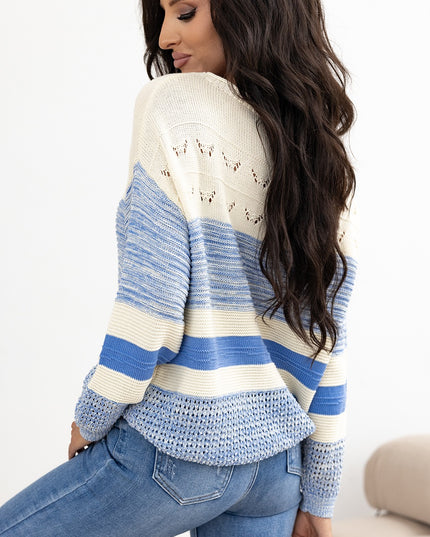 Light Blue Open Stitch Puff Sleeve Sweater – Elegant and Breezy