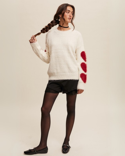 Fuzzy Heart-Sleeve Pullover Sweater – Cream