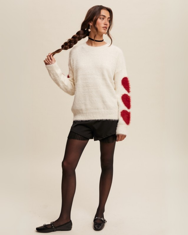 Fuzzy Heart-Sleeve Pullover Sweater – Cream
