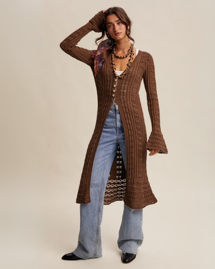 Crochet Longline Cardigan with Button Front