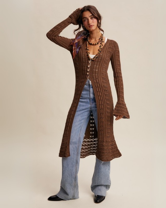 Crochet Longline Cardigan with Button Front