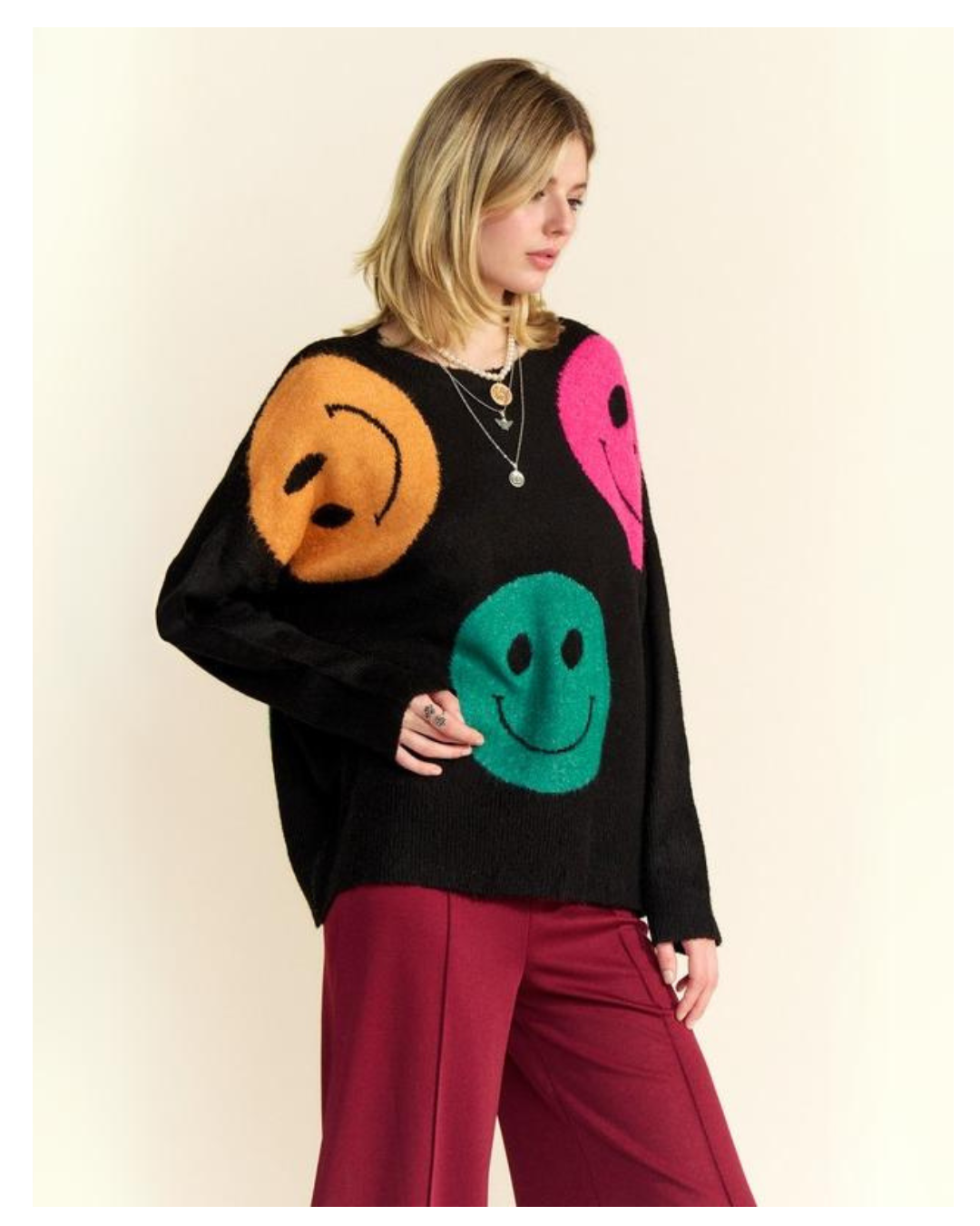 Happy Faces Sweater - Multi-Color Smiley Knit