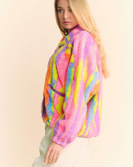 Fuzzy Multi Color Textured Zipper Pocket Jacket