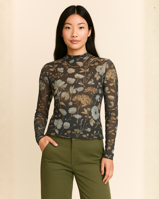 Sheer Floral Mesh Long Sleeve Top – Fitted Stretch Tee
