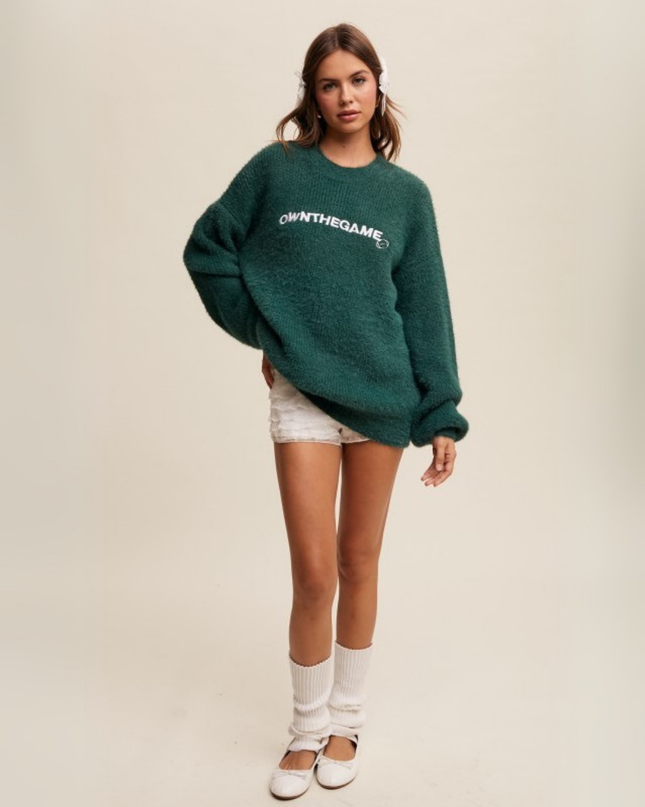 Own The Game” Fuzzy Oversized Knit Sweater