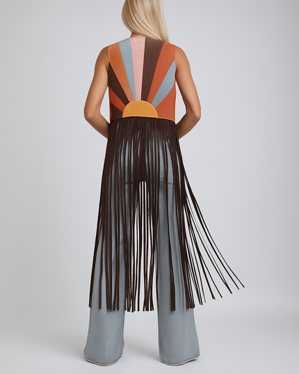 Coachella-Inspired Boho Fringe Vest – Retro Sunset Knit with Western Cowboy Vibes