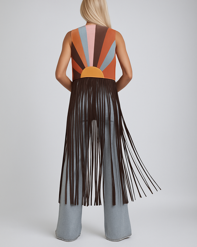 Coachella-Inspired Boho Fringe Vest – Retro Sunset Knit with Western Cowboy Vibes