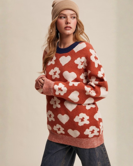 Heart & Flower Jacquard Knit Sweater – Retro Cozy Statement Pullover