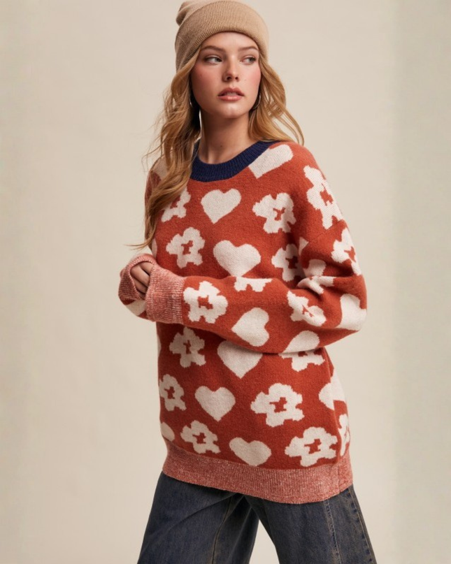 Heart & Flower Jacquard Knit Sweater – Retro Cozy Statement Pullover