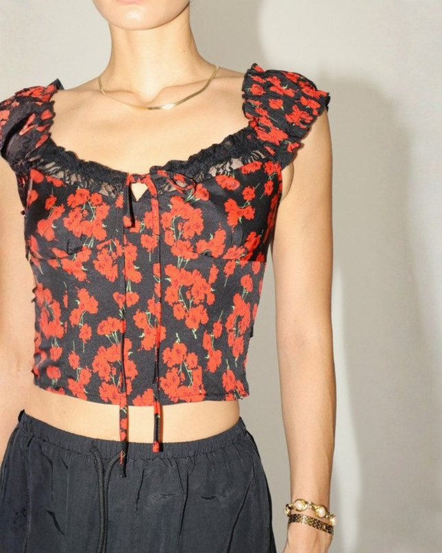 Romantic Red Floral Tie-Front Crop Top