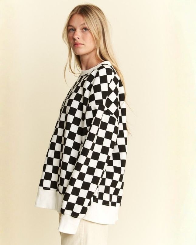 Oversized Checkered Sweatshirt – Geometric Chess Print Crewneck (Orange/White) | Trendy Streetwear Pullovers