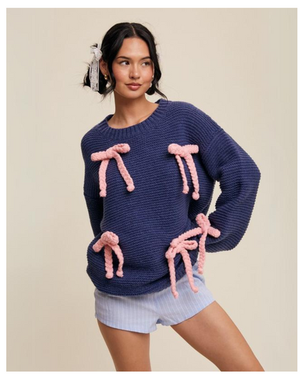Women's Chunky Knit Sweater with Rope Bows