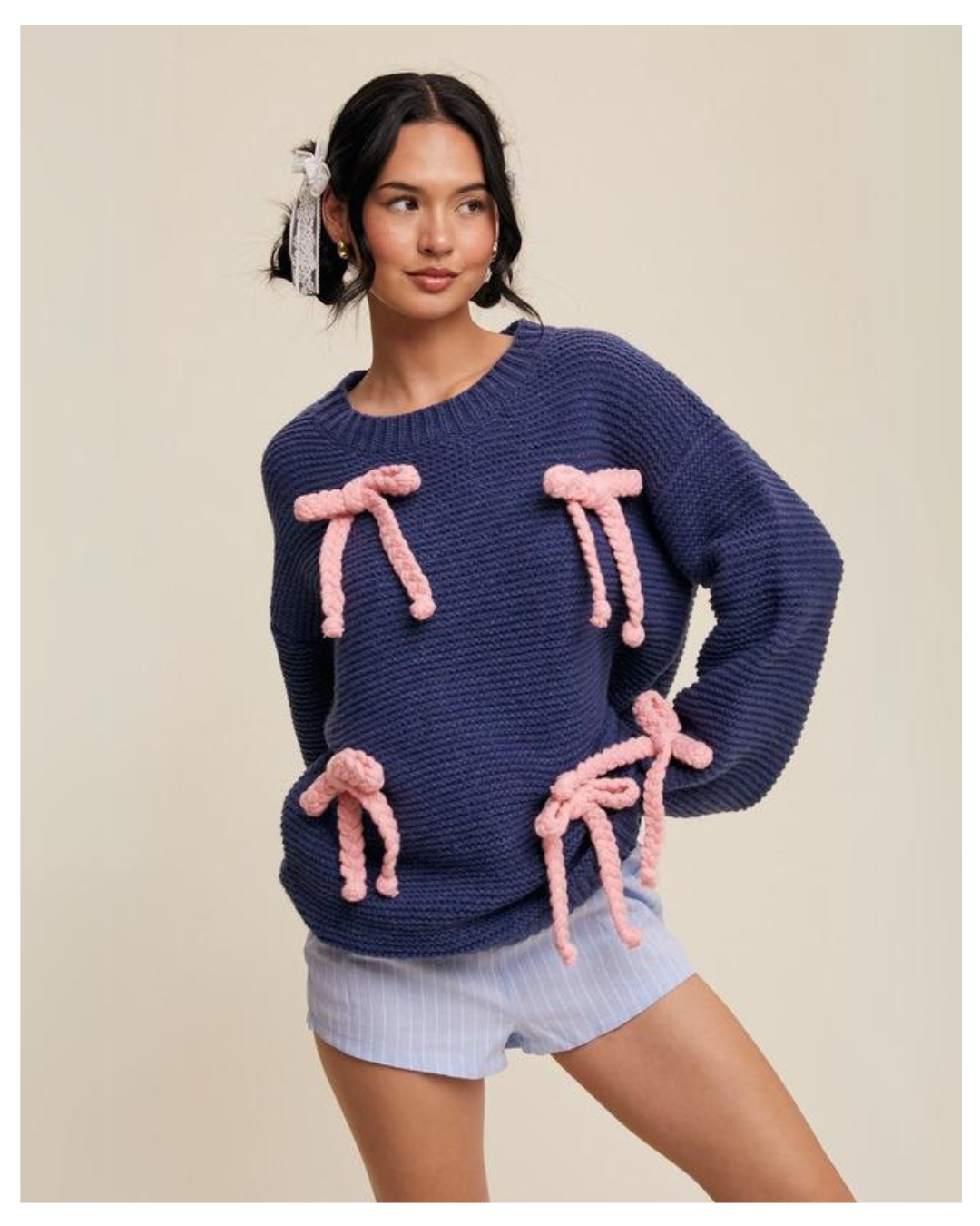 Women's Chunky Knit Sweater with Rope Bows