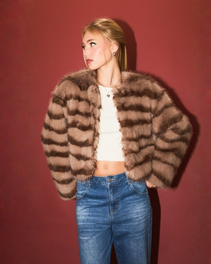 Faux Fur Crop Coat – Mocha Brown Stripe
