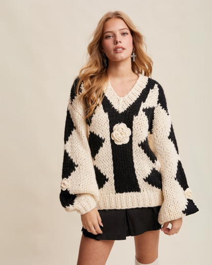 Chunky V-Neck Sweater with 3D Crochet Flower