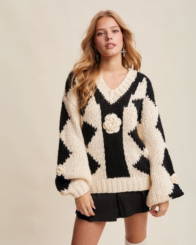 Chunky V-Neck Sweater with 3D Crochet Flower