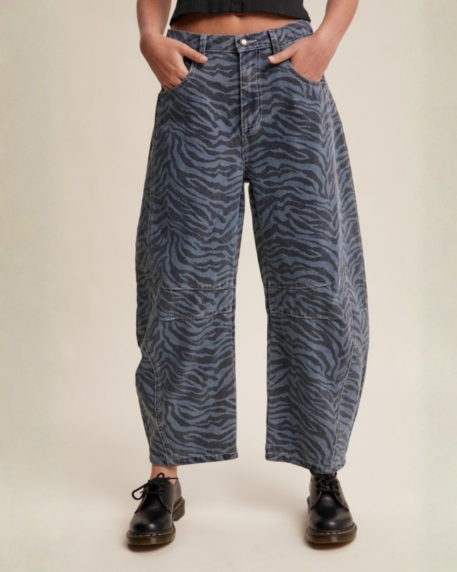 Zebra Print Barrel Jeans – High-Waist Loose Fit Denim