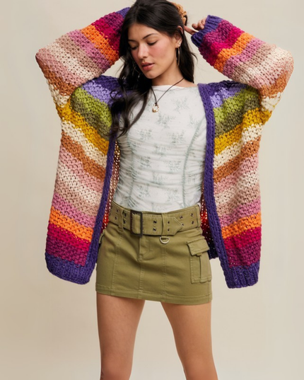 Rainbow Hand-Crochet Chunky Knit Cardigan