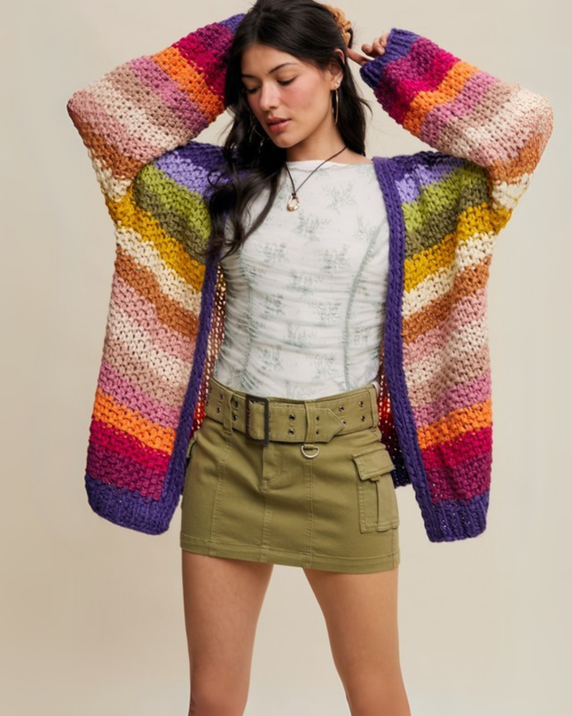 Rainbow Hand-Crochet Chunky Knit Cardigan