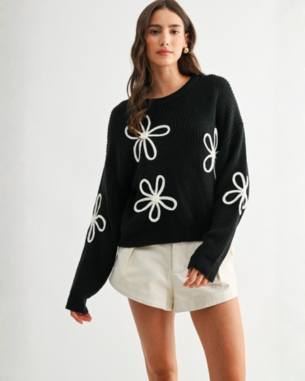 Flower Loop Knit Sweater – Oversized Black Daisy Pullover
