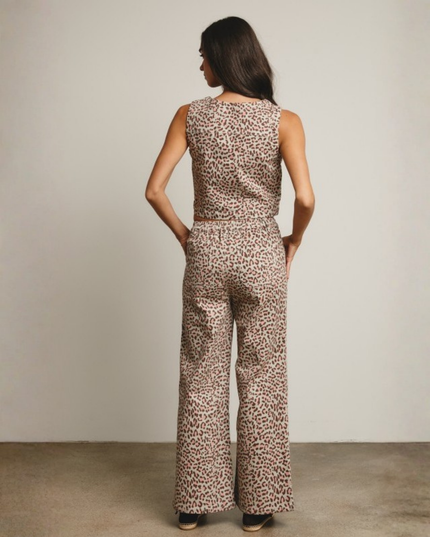 Leopard Print Denim Vest & Wide-Leg Pants Set