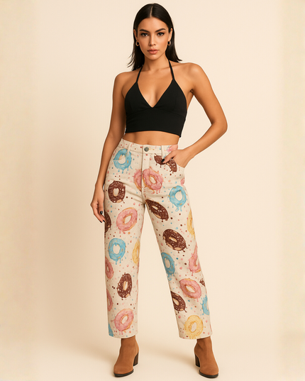 Retro Donut Print Wide-Leg Pants – Creative Streetwear Statement Trousers
