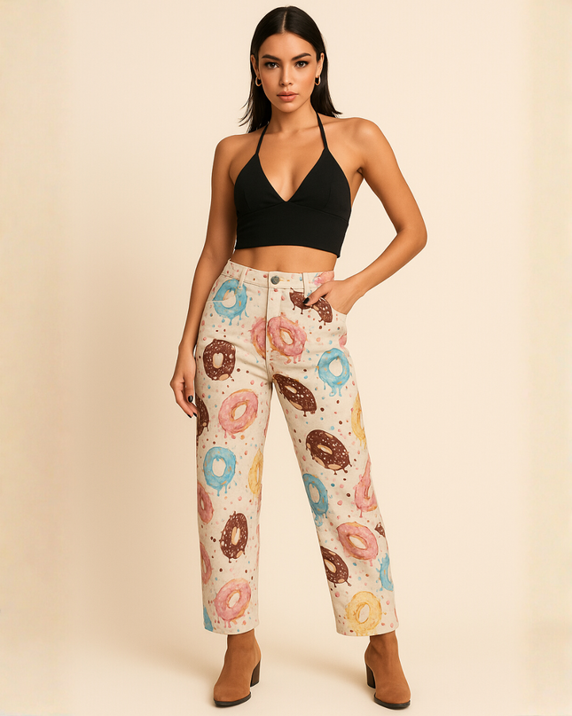 Retro Donut Print Wide-Leg Pants – Creative Streetwear Statement Trousers