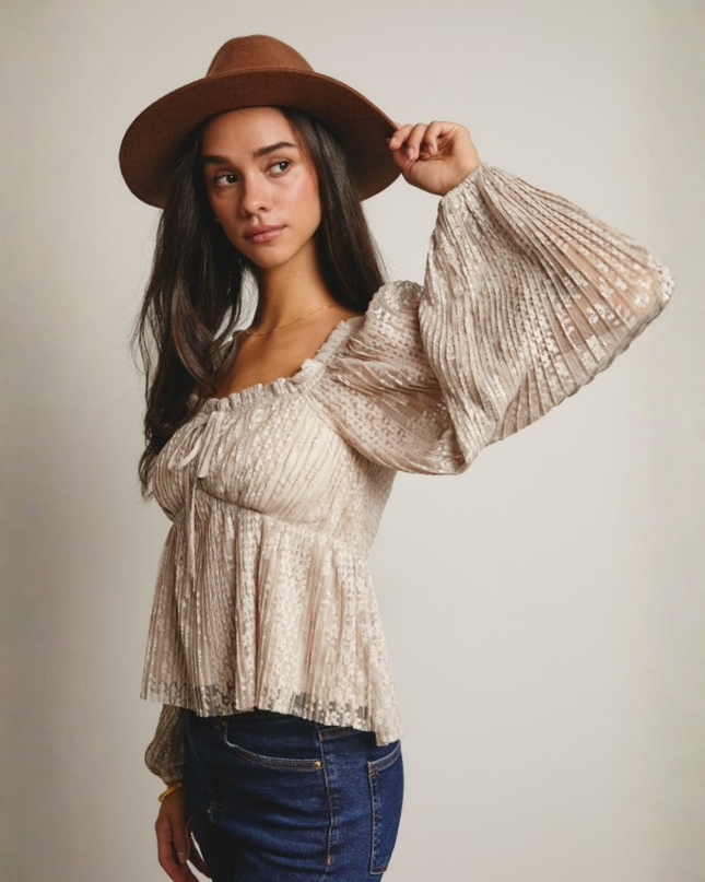 Pleated Lace Peplum Blouse with Puff Sleeves