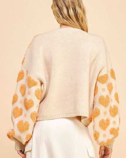 Textured Heart Loose Fit Long Sleeve Knit Sweater