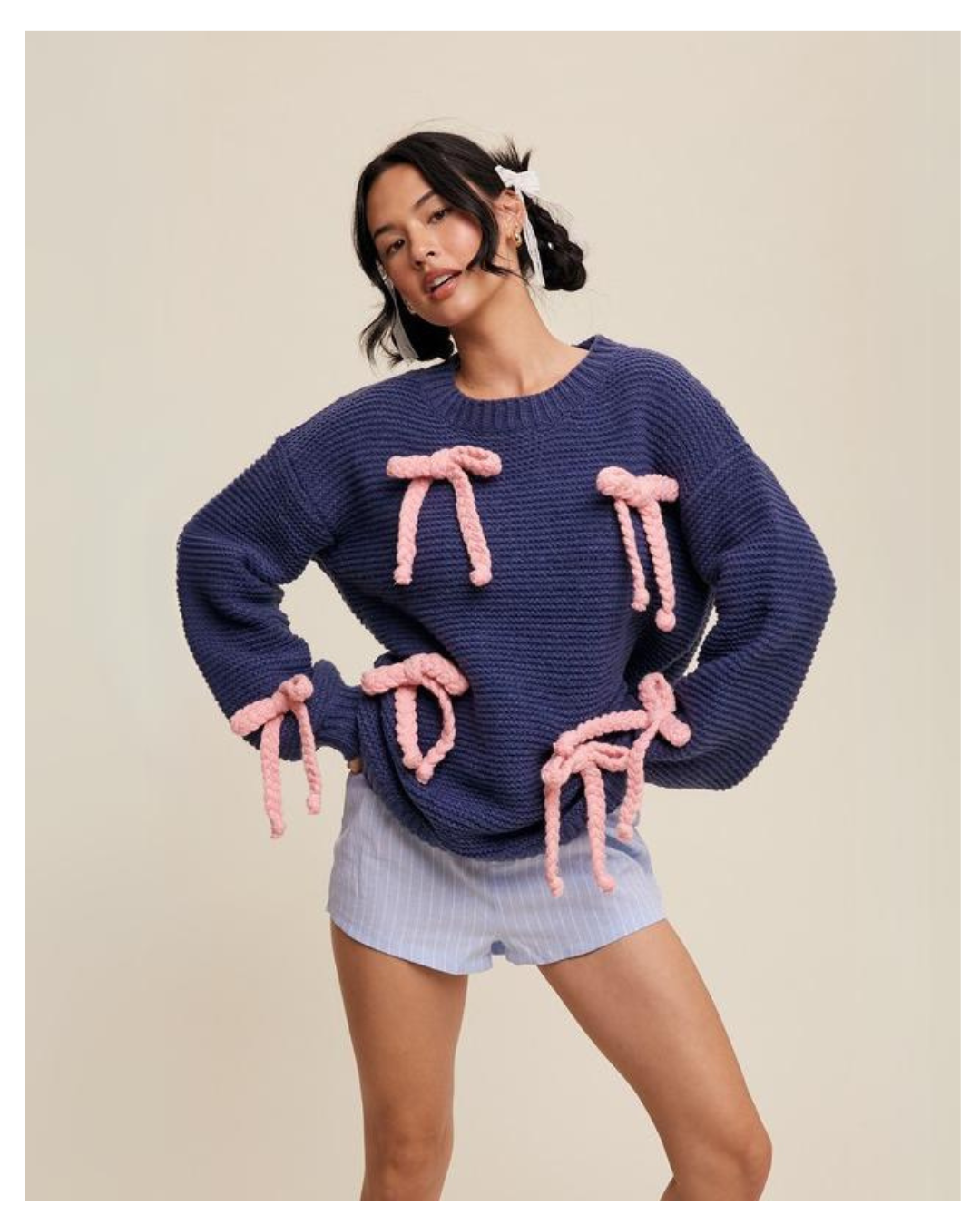 Women's Chunky Knit Sweater with Rope Bows