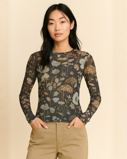 Sheer Floral Mesh Long Sleeve Top – Fitted Stretch Tee