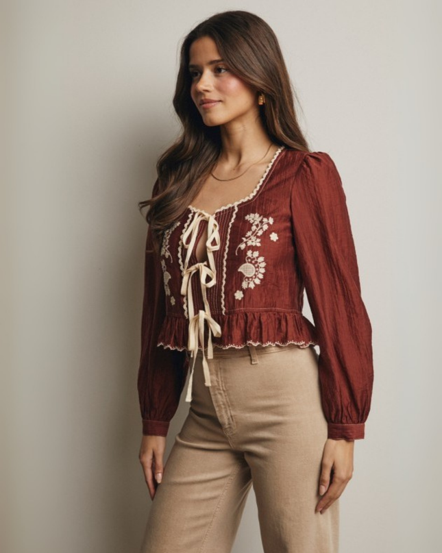 Embroidered Tie-Front Peplum Blouse with Puff Sleeves