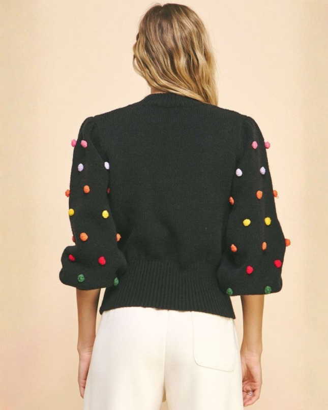 Black Knit Polka Dot Pom Pom Sweater – Puff Sleeve Statement Knitwear